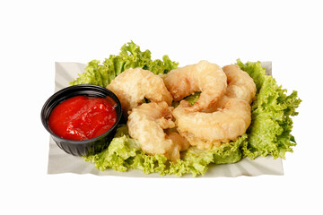 Delicious fried shrimp fast food street food breakfast meal on paper plate