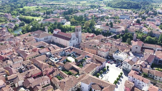 Picturesque aerial view of historic centre of Cividale del Friuli with Cathedral of Santa Maria Assunta on sunny autumn day, Italy