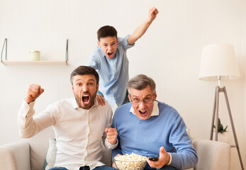 Grandfather, Father And Son Watching Football Match On TV Indoor