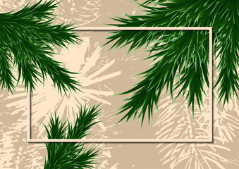 Fir branches and frame on a background with testure. Template for design.