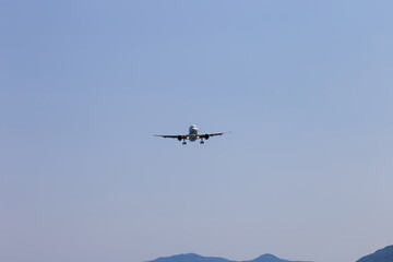 Passenger's airplane is landing. Decrease in height. Greece, Corfu.
