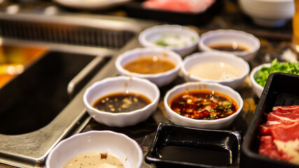 Various type of dipping sauce for the Japanese foods