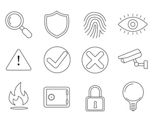 set icon of protection related outline design, included as shield, warning symbol, eye, finger, lock and CCTV.