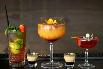 Colored alcohol cocktail table.