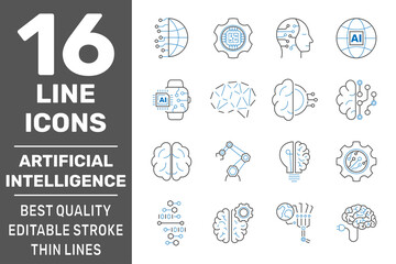 Iot, industry 4.0, artificial intelligence technology concept icons set. Smart factory, automotive manufacturing, AI, industrial internet of things IIOT related signs. Editable Stroke. EPS 10