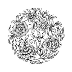 Roses Element for design. Graphic drawing, engraving style. Vector illustration. In art nouveau style, vintage, old, retro style