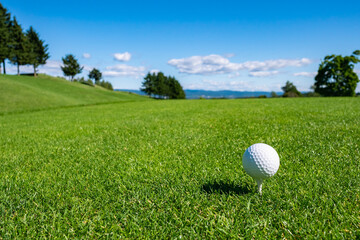 Golf Ball on tee at the teeing area. Golf course with a rich green turf beautiful scenery. - obrazy, fototapety, plakaty