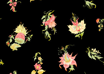 Fantasy flowers in retro, vintage, jacobean embroidery style. Seamless pattern, background. Colored vector illustration. Isolated on black background..