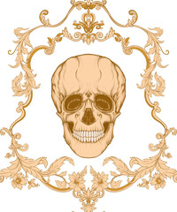 Floral pattern with human skull. Seamless pattern in baroque style. Vector illustration.