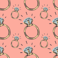 Diamond ring seamless pattern on a pink background. Colored hand drawn vector doodle illustration.