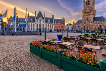 Naklejka premium Markt (Market Square), Provinciaal Hof (Province Court) and Belfry of Bruges (Belfort van Brugge) is a medieval bell tower in the centre of Bruges, Belgium. One of the most prominent symbols of Bruges