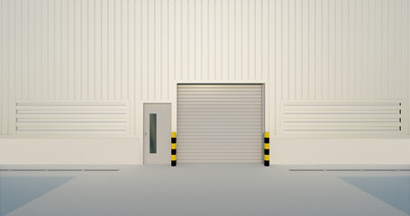 Roller door or roller shutter. Also called security door or security shutter. For protection home and industrial building i.e. factory, warehouse, hangar, workshop, store, hall or garage. 3d render.