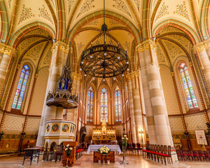 Fototapeta na wymiar St. Elizabeth Parish Church of Árpád House is a less famous church in Budapest. Absoulutely beautiful place with amazing interior.⁣ Neogothic style historical churc in Budapest downtown.