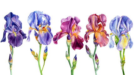 set of flowers irises on an isolated white background, watercolor painting, botanical illustration, wedding summer plants