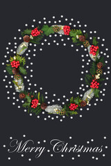 Merry Christmas wreath with winter snow covered fir, holly, mistletoe, pine cones & snowflake decorations on dark grey background with text.