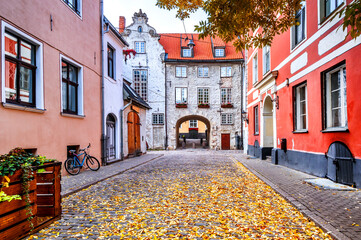 Medieval street in old town of Riga that is the capital of Latvia