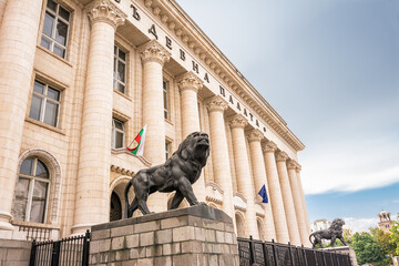 Building of Court House and the two bronze lions in Sofia, Bulgaria