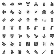 Medicine pills vector icons set, modern solid symbol collection, filled style pictogram pack. Signs, logo illustration. Set includes icons as Vaccine bottle, Medical syringe injection, capsule tablets