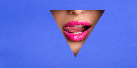 Sexy woman with pink lips playing with tongue - obrazy, fototapety, plakaty
