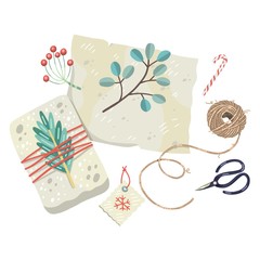 Vector illustration of wrapping christmas presents in hygge vintage style. Plants, recycled wrapping paper, scissors, leaves, branches, labels, twine rope. Pastel colors. Cute handdrawn flat style. 