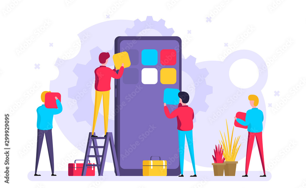 Poster mobile application development concept illustration with teamwork programmers and mobile phone