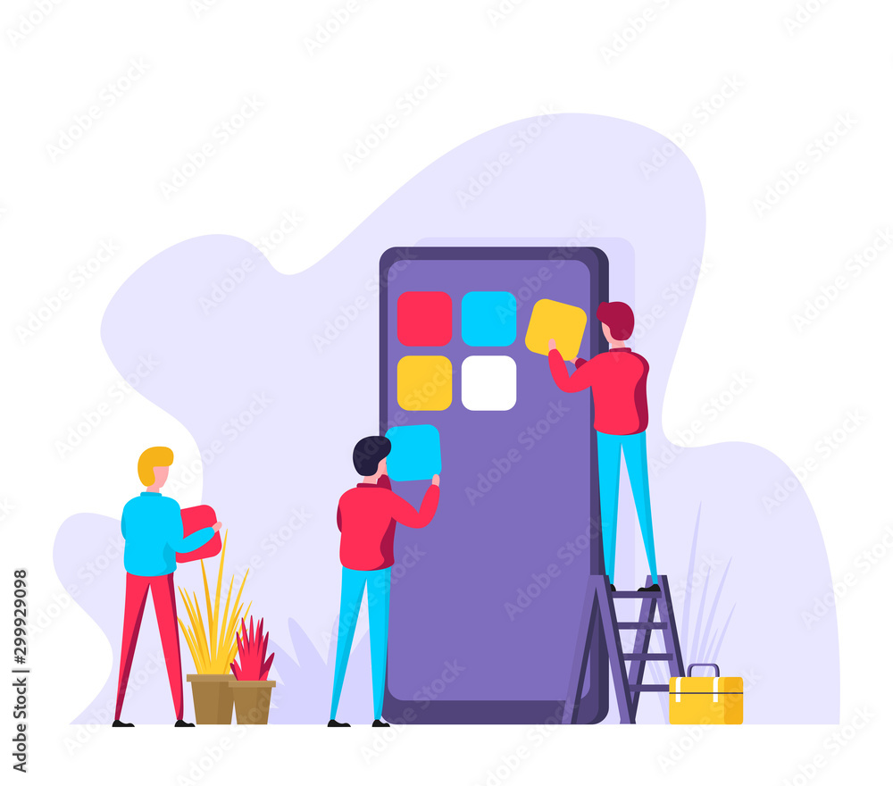 Poster mobile application development concept illustration with teamwork programmers and mobile phone