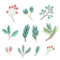Fototapeta na wymiar Set of vector illustrations of plants, leaves, berries, branches. Autumn floral design. For greeting cards, wrapping paper, design, prints, stickers. Cute flat handdrawn style. 