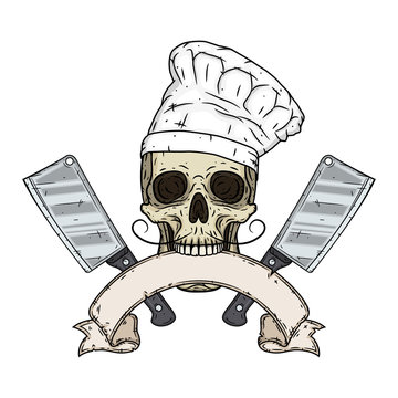 Skull in toque with two cleavers and vintage scroll. Cartoon skull in hand drawn style.
