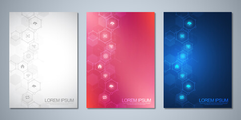 Template brochure or cover book, page layout, flyer design with technological background and flat icons and symbols. Concept and idea for innovation technology and communication.