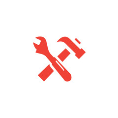 Hammer And Wrench Red Icon On White Background. Red Flat Style Vector Illustration