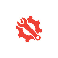 Service Tools Red Icon On White Background. Red Gear Wheel & Hammer Flat Style Vector Illustration