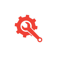 Service Tools Red Icon On White Background. Red Gear Wheel & Hammer Flat Style Vector Illustration