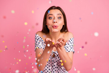 Photo of beautiful cute nice girl sending kiss to her beloved one while isolated with pink...