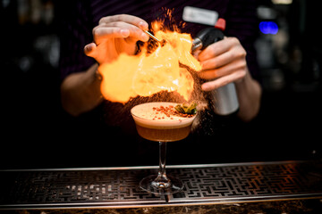 Male bartender adding to an alcoholic cocktail in the glass spices from the spoon and burning them