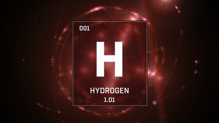 3D illustration of Hydrogen as Element 1 of the Periodic Table. Red illuminated atom design background with orbiting electrons. Design shows name, atomic weight and element number