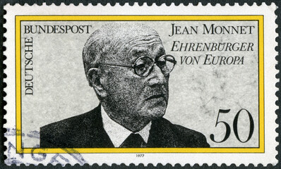 GERMANY - 1977: shows Portrait of Jean Omer Marie Gabriel Monnet (1888-1979), French proponent of...