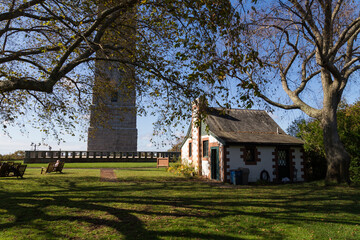 Fototapeta na wymiar Pilgrim Monument Tower against blue sky background, Provincetown, Cape Cod, MA 