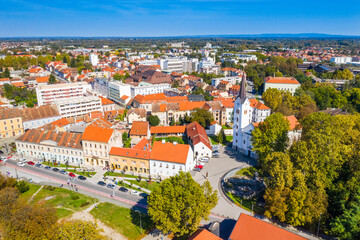 Croatia, town of Sisak, aerial view from drone of the old town center and cathedral tower