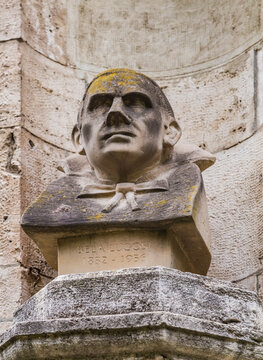 Stone bust of Bela Lugosi, a Hungarian-American famous actor portraying Count Dracula in 1931 film. Vajdahunyad Castle, Budapest