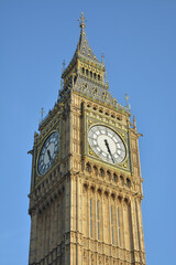 Fototapeta na wymiar Brexit, deal or no deal. United Kingdom and European Union. Close-up on Big Ben in London, the clock at the British parliament, on a sunny day.