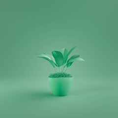 Green monochrome plant and vase on green background, 3d Rendering