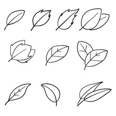 eco set of black line leaf icons on white background with doodle cartoon style vector