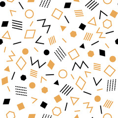 Abstract geometric background with various geometric shapes, triangles, circles, rhombuses, squares, lines. Memphis style. Black beige sand color. Vector seamless pattern for printing on wallpaper