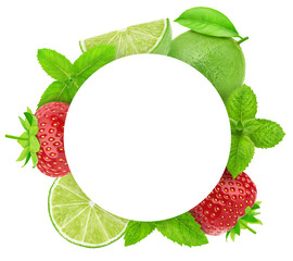 Round frame made of lime and strawberry with copyspase inside isolated on a white background with clipping path.