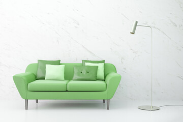 Neo mint. The color of the year 2020. Neutral interior white set room with a green sofa. 3d illustration.