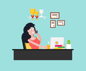 Office worker with phone working in office in the flat style vector