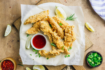 Breaded chicken strips with tomato sauces on a plate. Fast food on beige rustic background. Top view. Flat lay
