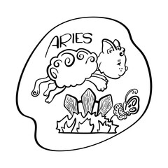 Aries astrological zodiac sign with cute cat character. Aries vector illustration on white background