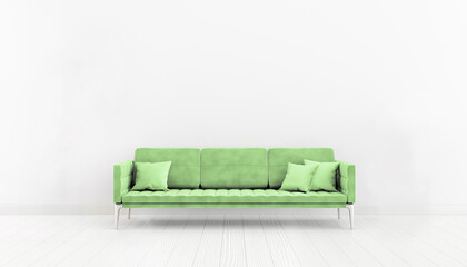 Neo mint. The color of the year 2020. Neutral interior white room with a green sofa and pillows. 3d illustration.