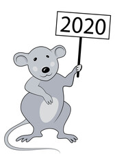 Chinese new year 2020 year of the rat vector illustration. Cartoon rat holds in its paw poster with the inscription 2020.